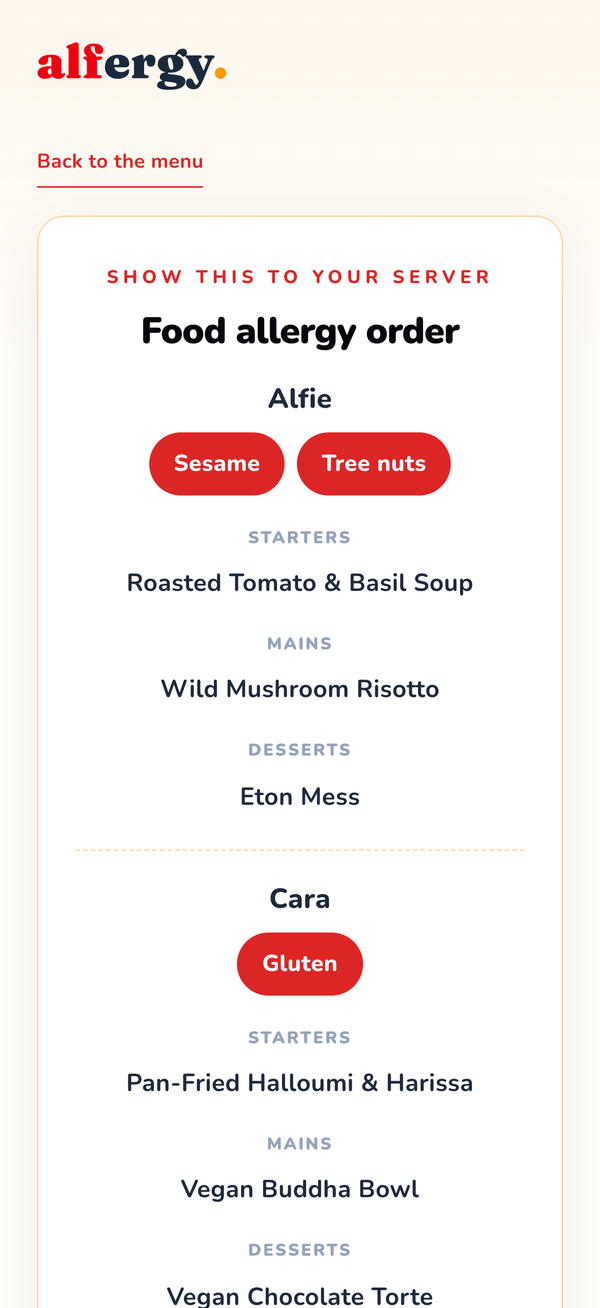 The diner&rsquo;s personalised allergy order shown on their phone